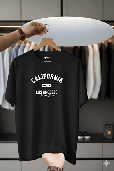 İnazuma Outdoors تي شيرت أسود للجنسين قصة فضفاضة مطبوع من القطن برقبة دائرية وأكمام قصيرة كاليفورنيا