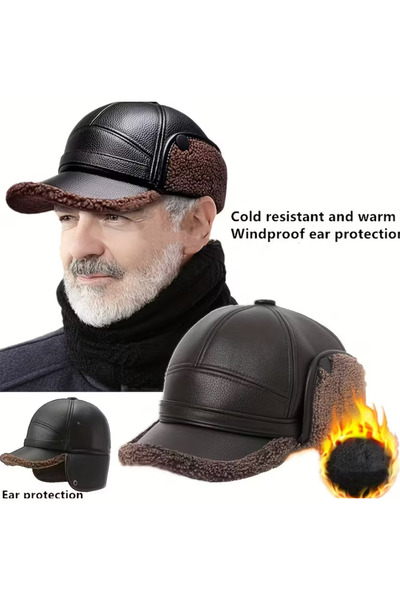 BABUN Suni Deri İçi Kürklü Kulak Korumalı Erkek Şık Kışlık Kasket Şapka Bere