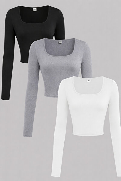 ÖZ PAMUK Kare Yaka 3 lü ADET Basic DÜZ Kumaş Uzun Kollu Likralı Bluz