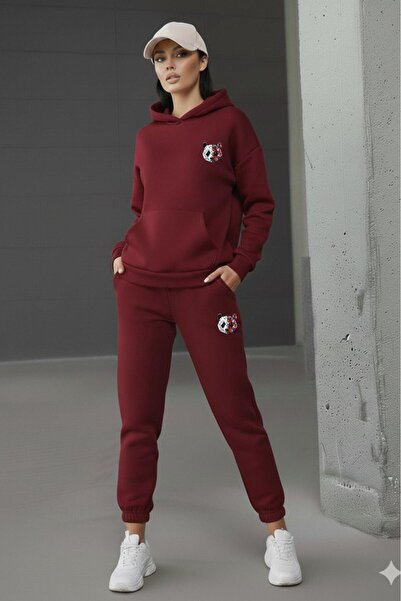 NO 601 Women's Burgundy Hooded Burgundy Sweatpants Renklipanda Printed Set
