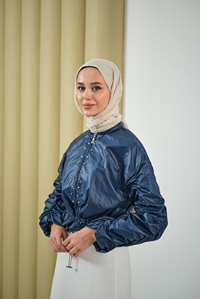 LOCCO Women's Front Beading Detail Short Raincoat Navy Blue