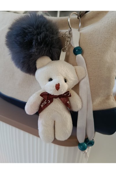 chibi Cream-Colored Cute Teddy Bear & Anthracite Pompom Design Bag Charm Gift Accessory Keychain