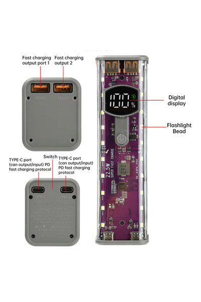 Choice علبة شحن متنقلة شفافة من النوع 3، تدعم بطاريات 18650، بقدرة 22.5 واط، ...
