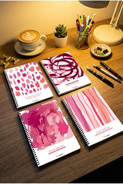 Tieni A5 Spiralli Karton Kapak 4’lü Set, Kareli Okul Defteri, 60 Yaprak, Ders Programlı, Pink Brush,