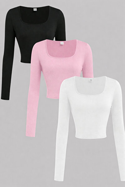 ÖZ PAMUK Kare Yaka 3 lü ADET Basic DÜZ Kumaş Uzun Kollu Likralı Bluz