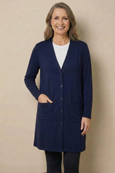 nacar çarşı Women's Mother Navy Blue Buttoned Pocketed V-Neck Long Tunic Thin Combed Cotton Cardigan Mother's Day