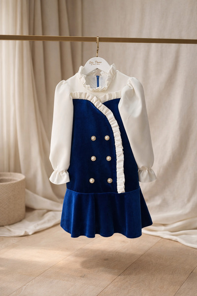 Girls Navy Blue Velvet Evening Dress – Stone Button Detailed Special Day Dress