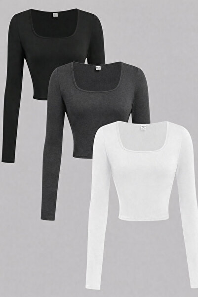 ÖZ PAMUK Square Neck 3-Piece Basic Solid Fabric Long Sleeve Stretch Fabric Bl...