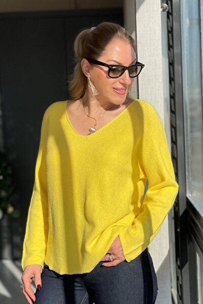 MİSLİNA BUTİK V Yaka Sarı Triko Kazak