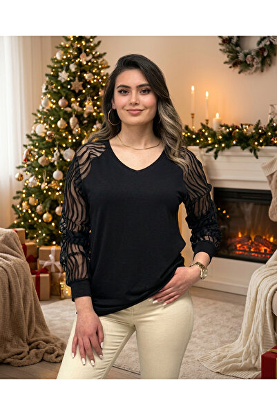 STYLENEST Kadın Siyah Tül Detaylı V Yaka Zebra Bluz
