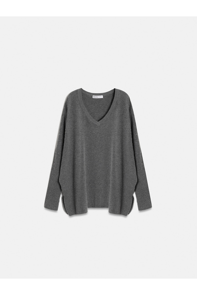 Dilvin 10844 V Yaka Kaşmir Karışımlı Kazak-Füme M.