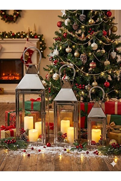Samsun Demsa Demir Ferforje 3'lü Set Gümüş Metal Fener Mumluk - Dekoratif Camlı Lüks Salon ve Bahçe Şamdanı