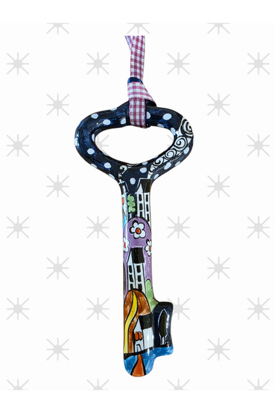 Lotus El Yapımı Çini Dilek Anahtarı 18 cm Sır Altı Boyama Dekoratif Anahtar