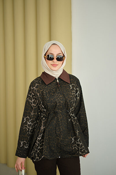 LOCCO Γυναικεία καμπαρντίνα με φερμουάρ με σχέδιο λεοπάρ καφέ