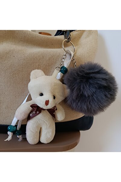 chibi سلسلة مفاتيح بتصميم دمية دب لطيفة بلون كريمي وكرة أنثراسيت، إكسسوار هدية