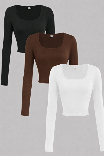 ÖZ PAMUK Kare Yaka 3 lü ADET Basic DÜZ Kumaş Uzun Kollu Likralı Bluz