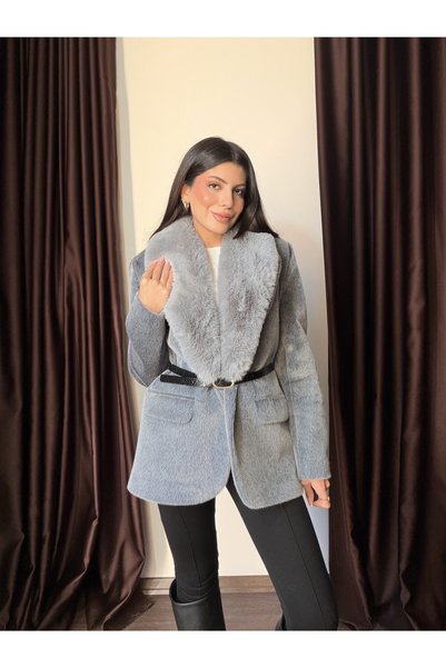 LOISY Kadın Kemerli Çıkarılabilir Kürk Yakalı Premium Ceket