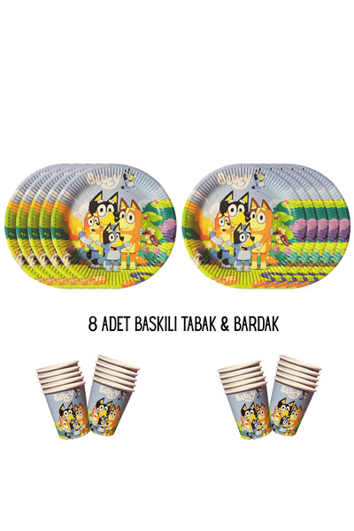 HAPPYLOOPPARTY Set štampanih tanjira i čaša kompatibilan sa Bluey temom za 8 ...