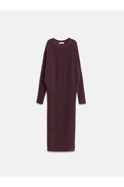 Dilvin 90260 Crew Neck Soft Textured Knitwear Dress-Dark Burgundy