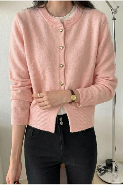 FEMELLE Women's Pink Heart Buttoned Standard Size Knitwear Cardigan (Product Length 54 cm)