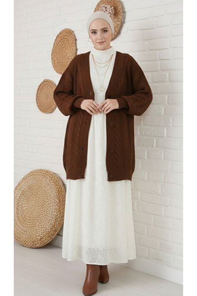 Sun Art Knitting Coffee Hair Braid Balloon Sleeve Long Women's Knitwear Knitted Cardigan (80cm)