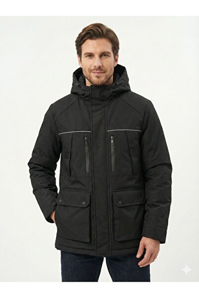 DYNAMO معطف شتوي رياضي أسود ثابت بغطاء رأس للرجال 3319