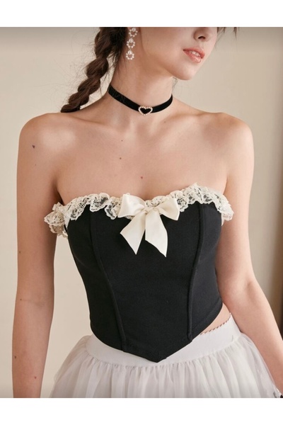 Tual Siyah Dantelli Kurdele Detaylı Straplez Büstiyer Korse