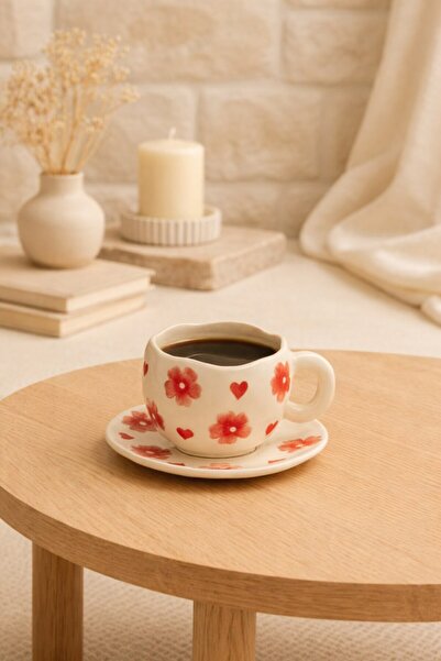 Anadolu Saray Handmade Mug with Heart and Flower Pattern Plate Set |   Mug Cup Coffee Cup