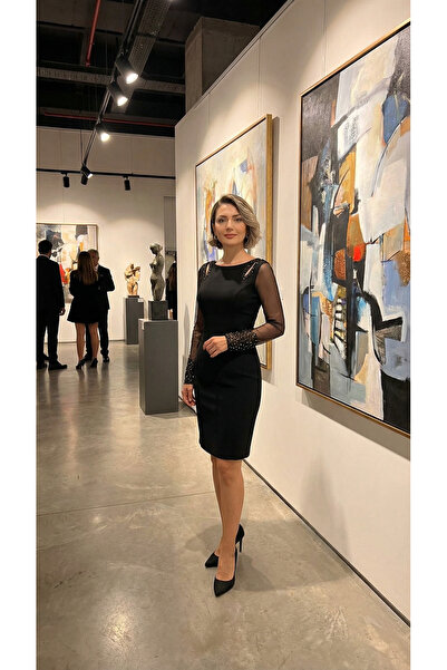 STYLENEST Women's Black Stone Detailed Tulle Sleeve Classic Stylish Dress