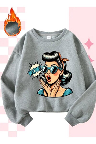 Oceanwear سويت شيرت Pop Art WOW مطبوع للسيدات ذو رقبة دائرية مبطن بالصوف