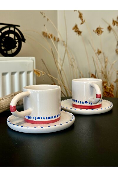 Store El Yapımı Seramik 2 Kişilik Kırmızı Mavi Kahve Fincan Takımı