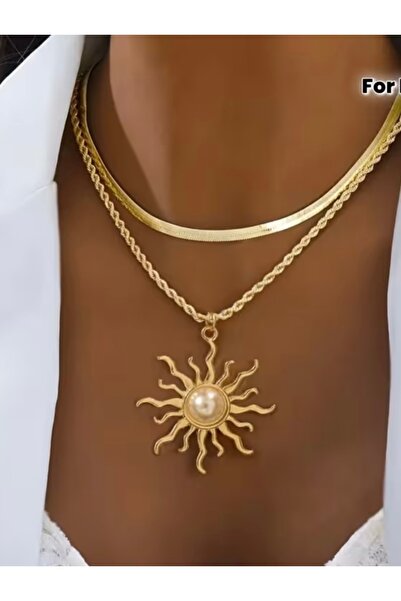 TAKİBUTİGİNİZ Gold Kaplama Düz Yılan Zincir Düzensiz Alev Güneş Kolye 2 li