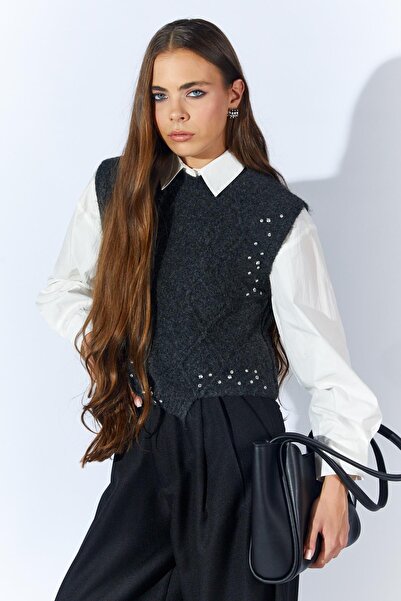 TENA سترة نسائية منسوجة بنقشة وياقة دائرية بلون أنثراسايت