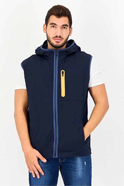 Timberland Men Hooded Solid Sleeveless Vest Jacket , Navy