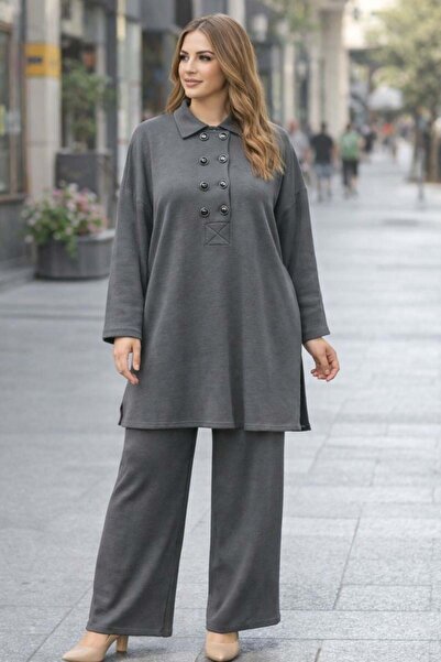 bezeXL Plus Size Buttoned Knitted Double Suit Gray