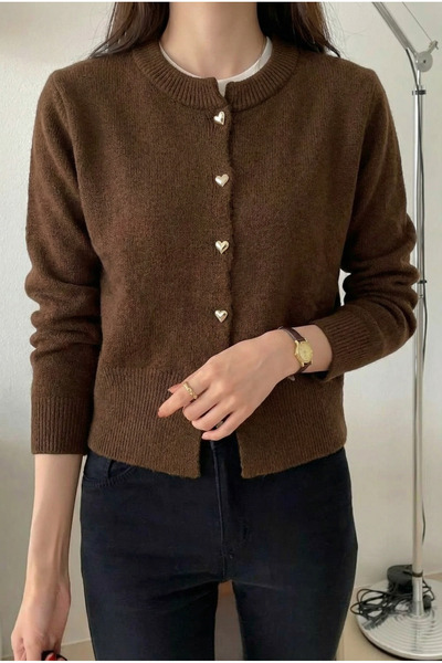FEMELLE Women's Brown Heart Buttoned Standard Size Knitwear Cardigan (Product...