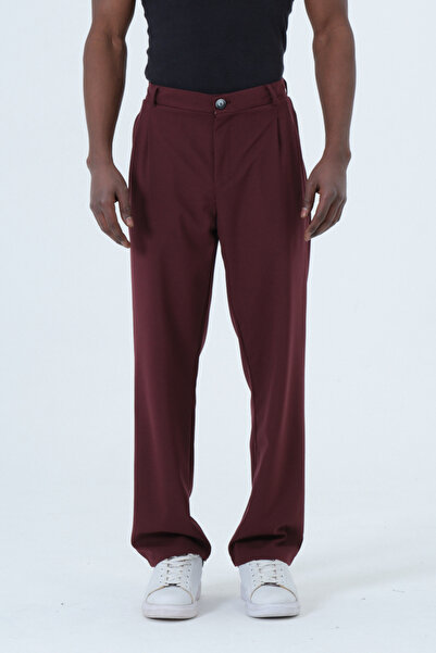 RELAXL Button Zipper High Waist Pleated Men's Burgundy Baggy Pants