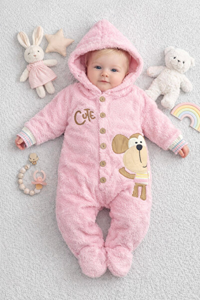 Arı Bebe Kız Bebek polar/welsoft kapüşonlu düğmeli tulum