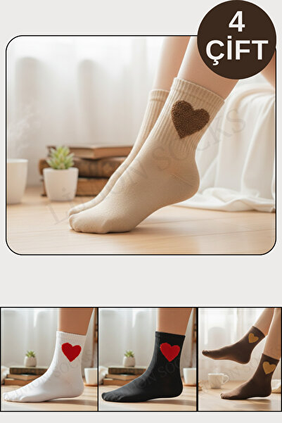 Limon Socks Women's Socks (4 Pairs) Soft Fuzzy Heart Patterned College Length Socks