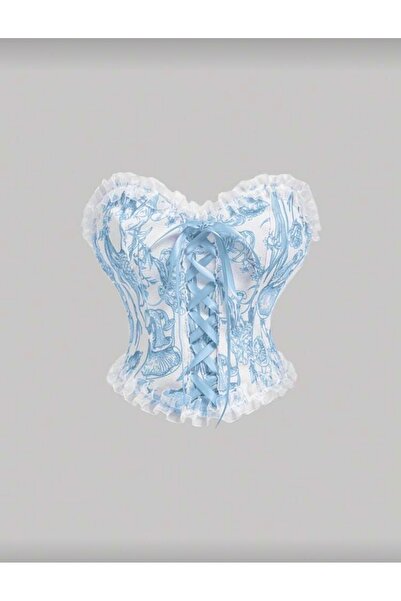 Tual Beyaz Mavi Desenli Fırfırlı Ve Bağlama Detaylı Straplez Büstiyer Korse