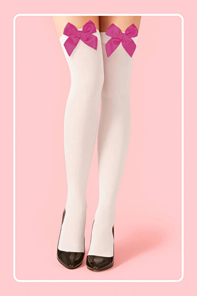 İntive Lingerie Ciorapi cu bretele albe cu fundă fucsia TM1379