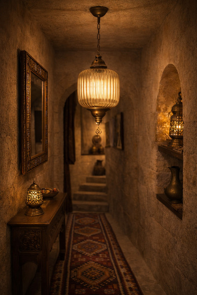 Uçar Büyük Kapadokya Klasik Otel Antre Hol Mutfak Otantik Renk Sarkıt Minimal Camlı Tekli Avize