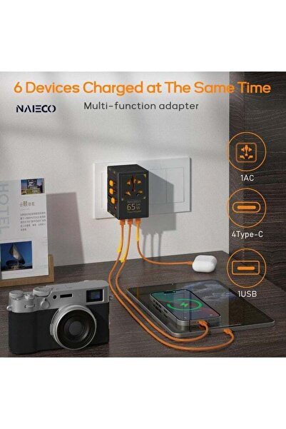 Generic NAIECO Universal Travel GaN Adapter with USB-C 3.0A & USB-A, plugs for EU, UK, US, AU, Asia, black