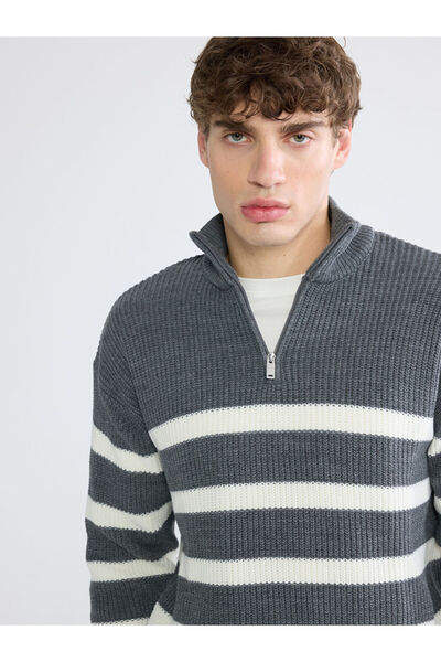 LC Waikiki Pulover tricotat pentru bărbați, antracit, cu fermoar, cu guler ri...