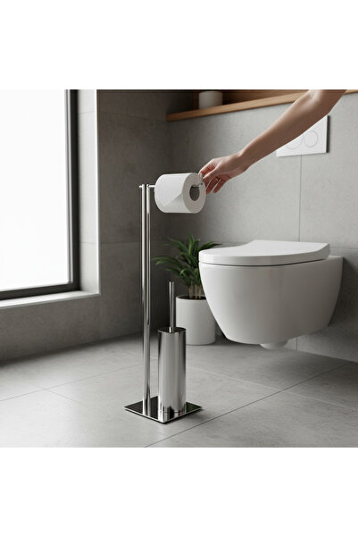 İSAOĞLU YAPI طقم فرشاة المرحاض الفضية بتصميم قائم مع حامل ورق التواليت وفرشاة المرحاض من النحاس المقاوم للصدأ