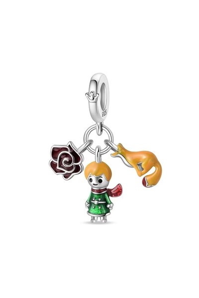 Corney Design Küçük Prens Tilki ve Gül Charm 925 ayar gümüş