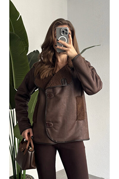 asfamoda Kadın Kahverengi Düğmeli İçi Yünlü Vintage Oversize Süet Ceket Mont