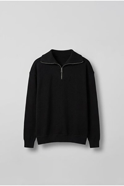 ablukaonline Men's Oversized Mock Neck Half Zipper Sweatshirt Black