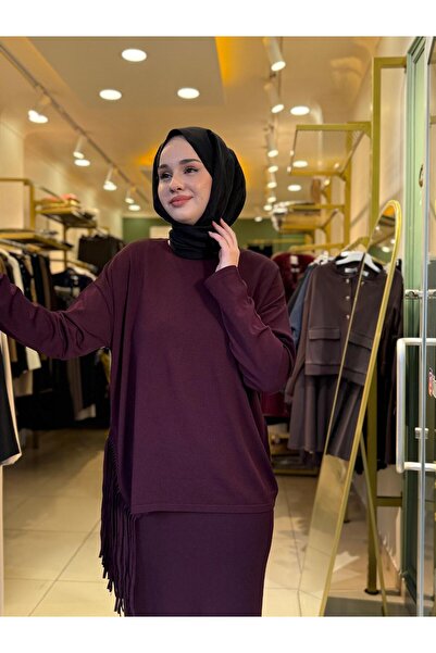 Tığ Triko Püskül Detaylı Bluz Etek Rayon Takım 21983 MÜRDÜM