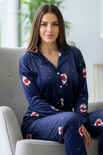Pijamaevi Navy Blue Nordic Patterned Exclusive Front Buttoned Velvet Women's Pajama Set